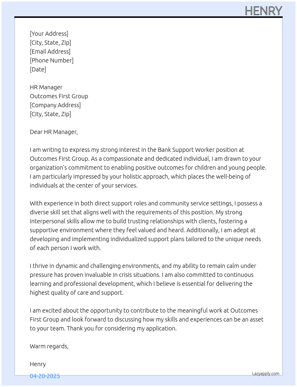 Support worker  At Outcomes First Group Cover Letter