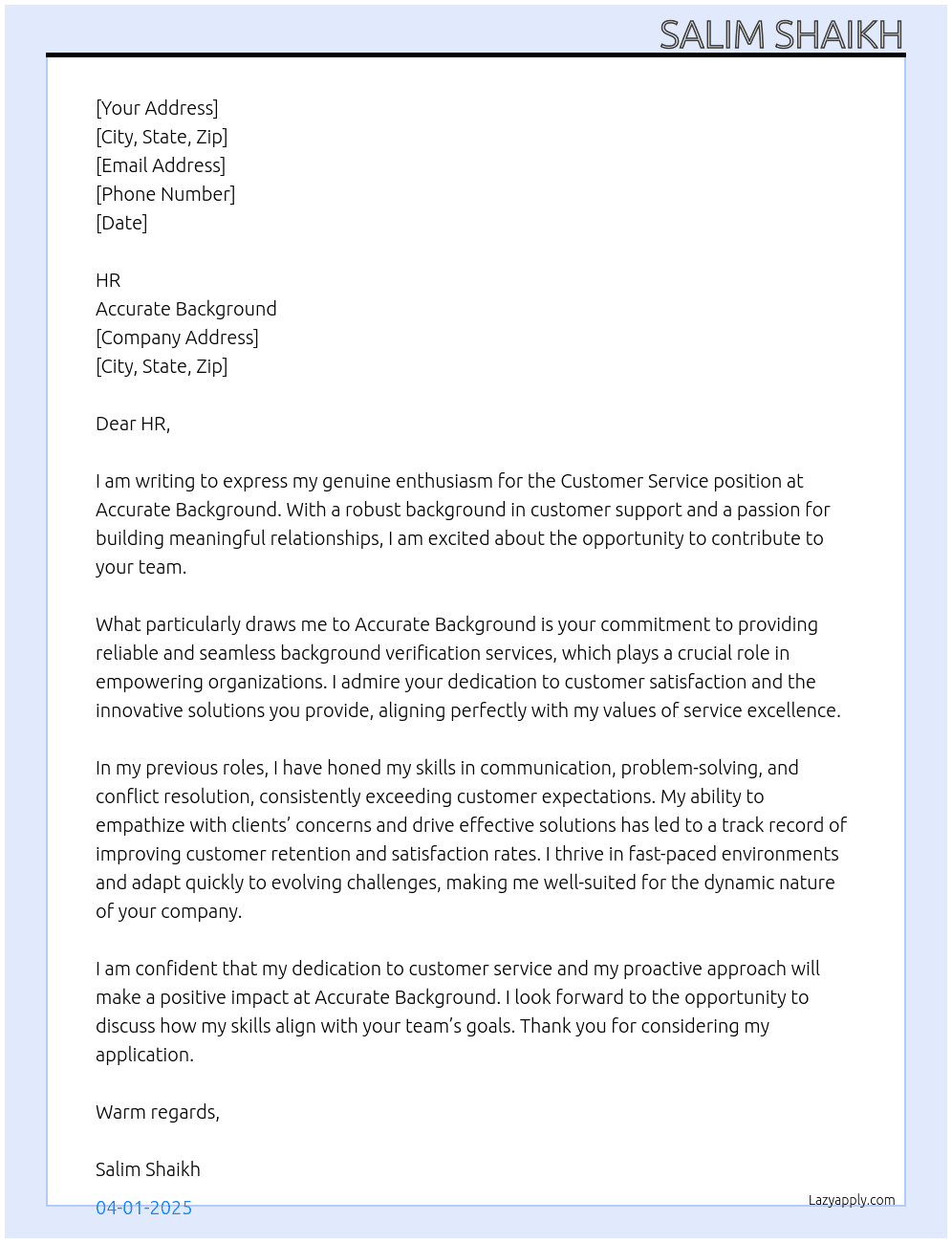 Customer Service At Accurate Background Cover Letter