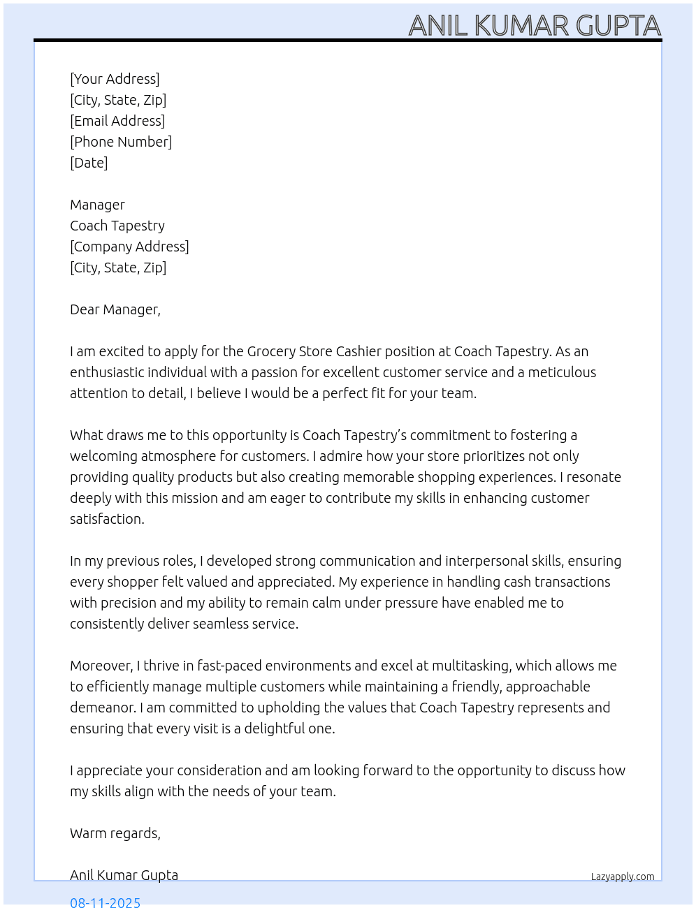 Grocery Store Cashier At Coach Tapestry Cover Letter
