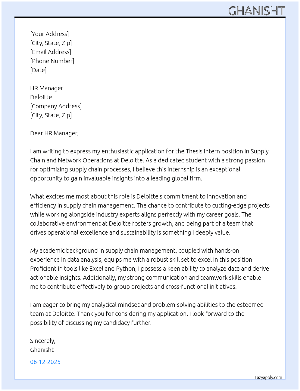 Cover letter for thesis intern supply chain and network operations - LazyApply