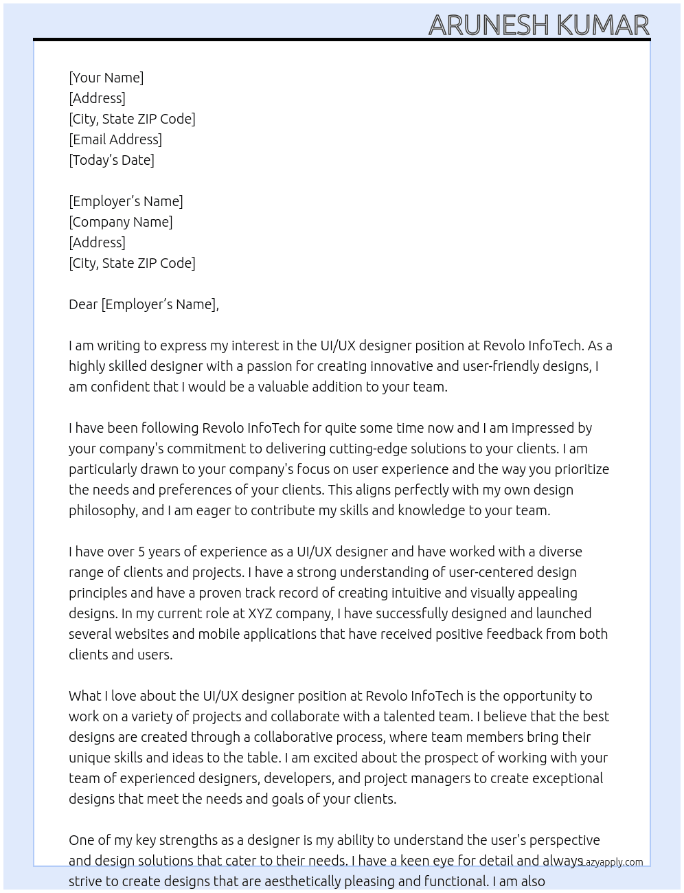 UI/UX designer  At Revolo InfoTech Cover Letter