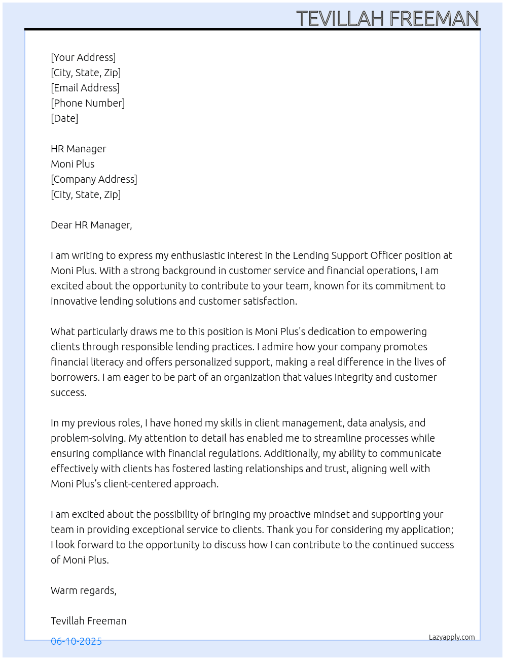 Lending support officer At Moni Plus Cover Letter