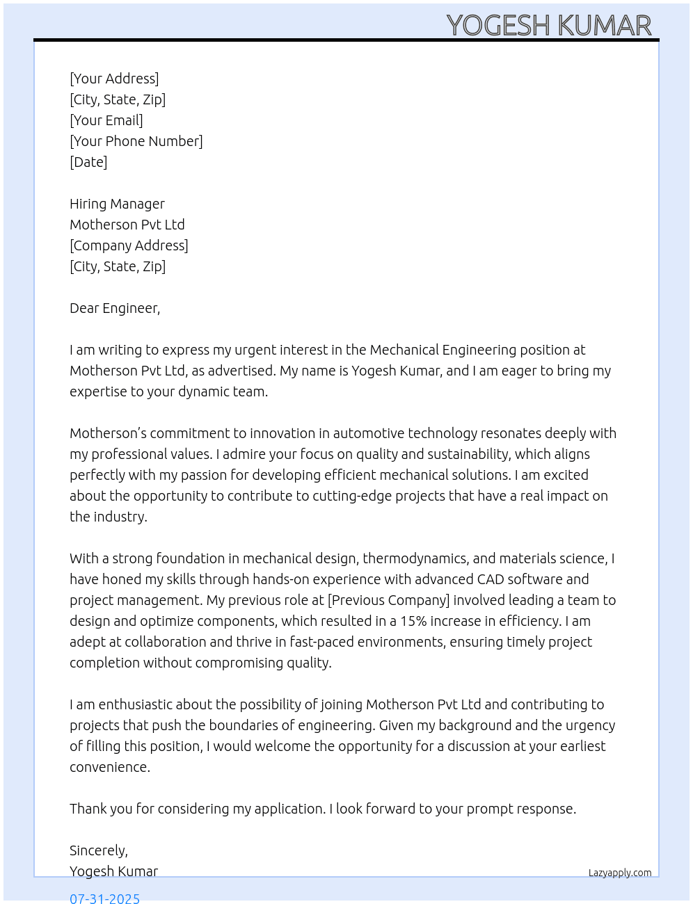 Mechanical engineering  At Motherson pvt ltd  Cover Letter