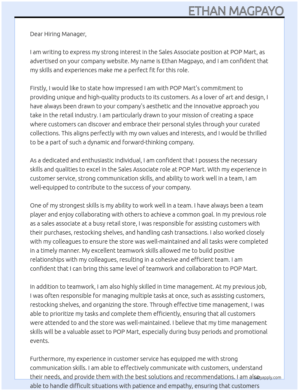 Sales Associate At POP Mart Cover Letter
