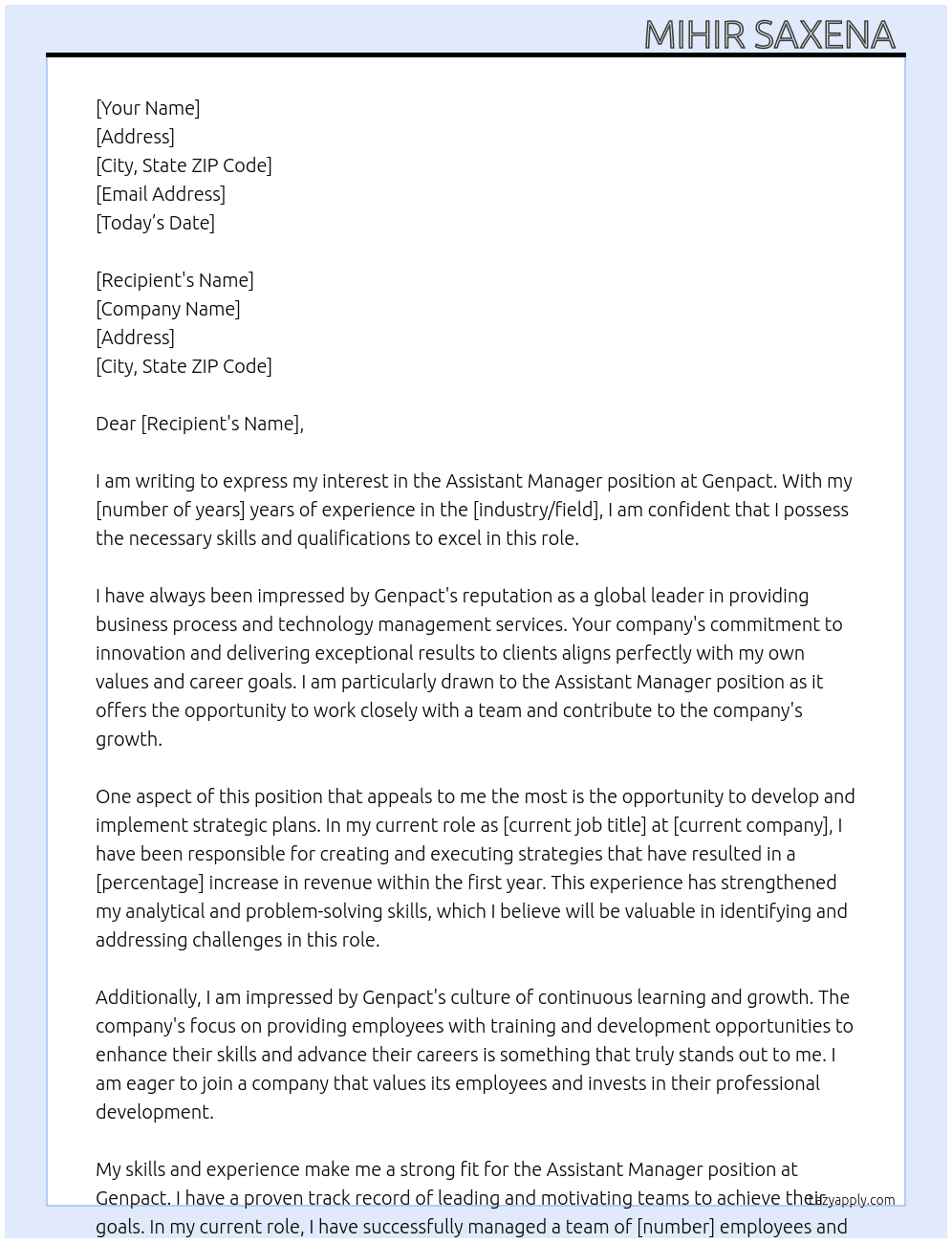 Assistant manager  At Genpact  Cover Letter