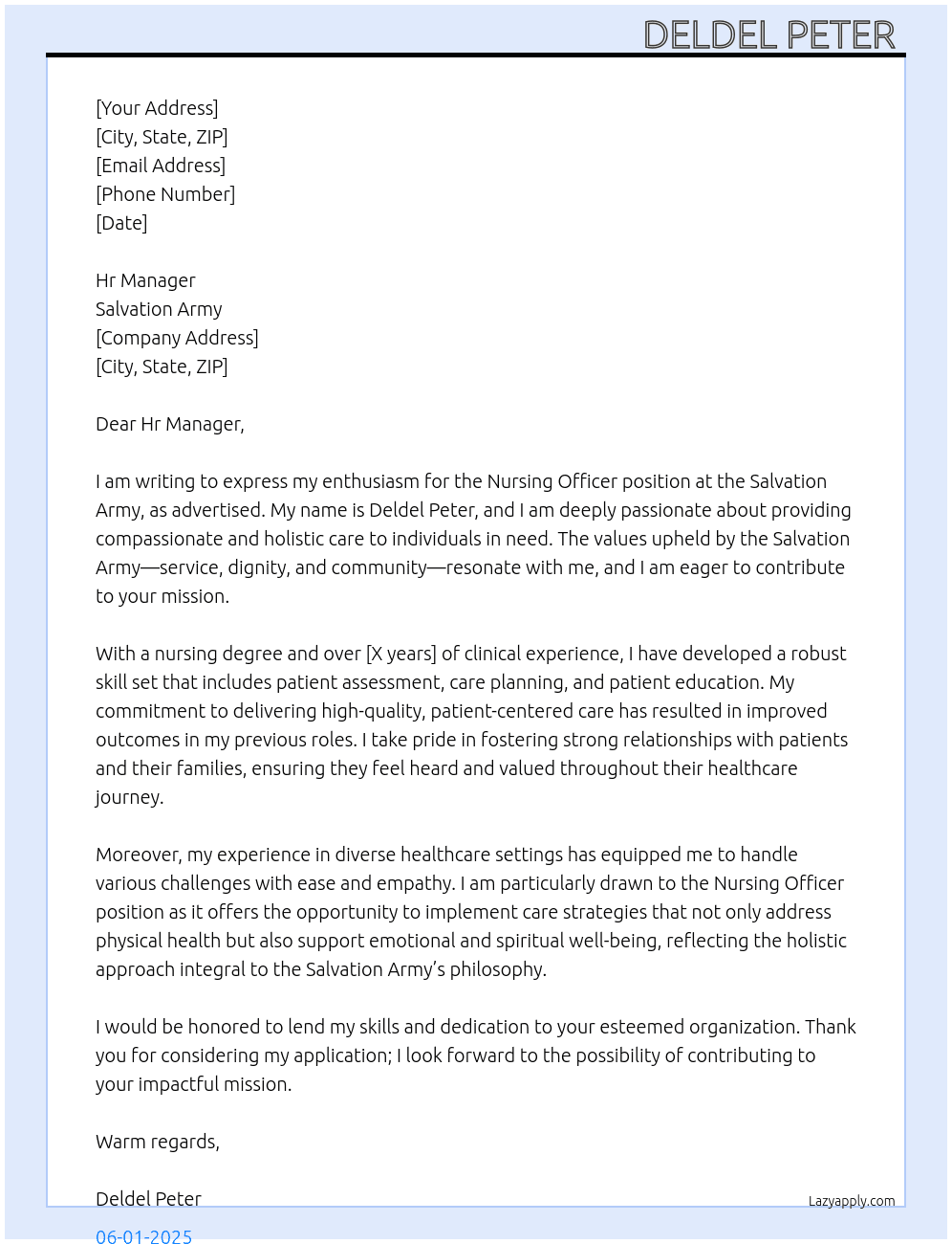 Nursing Officer  At Salvation Army  Cover Letter