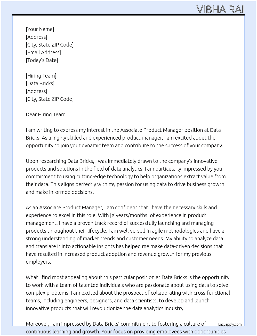 Associate Product Manager At Data Bricks Cover Letter