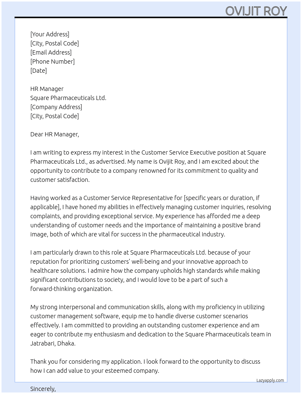 Customer Service Executive At Square Pharmaceuticals Ltd. Cover Letter