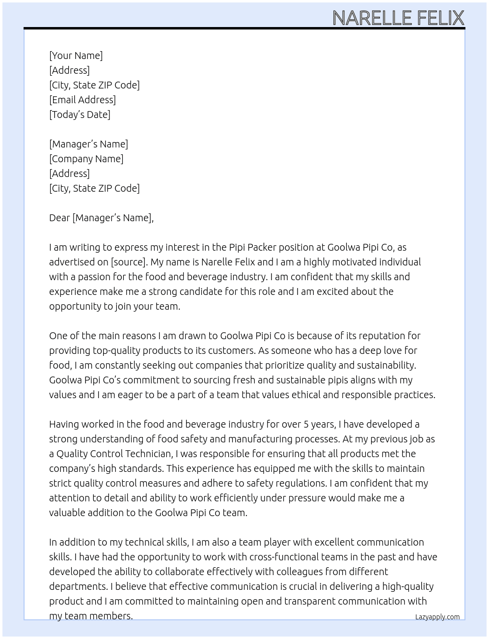 Pipi packer At Goolwa pipi co Cover Letter