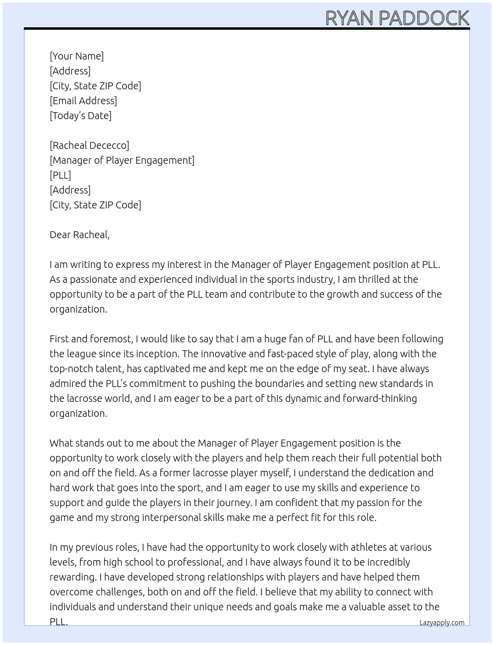 Manager of Player Engagment At PLL Cover Letter