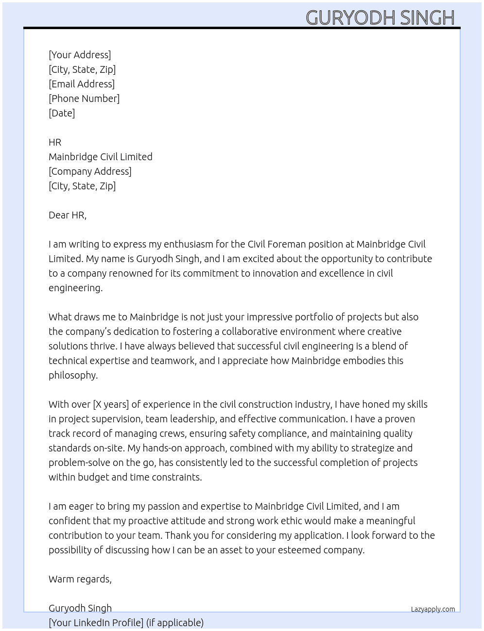 Cover letter for civil forman - LazyApply
