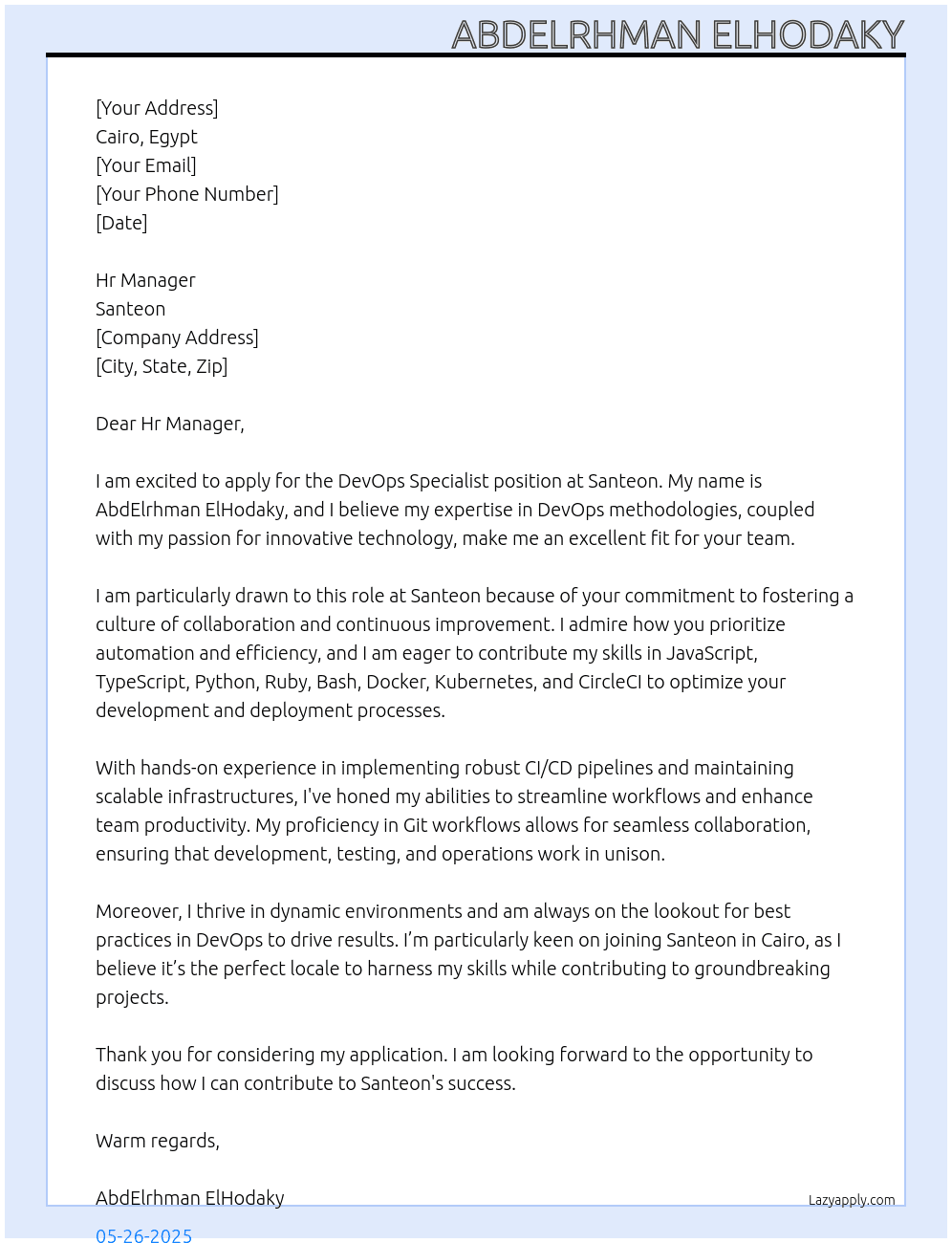Devops specialist  At Santeon Cover Letter