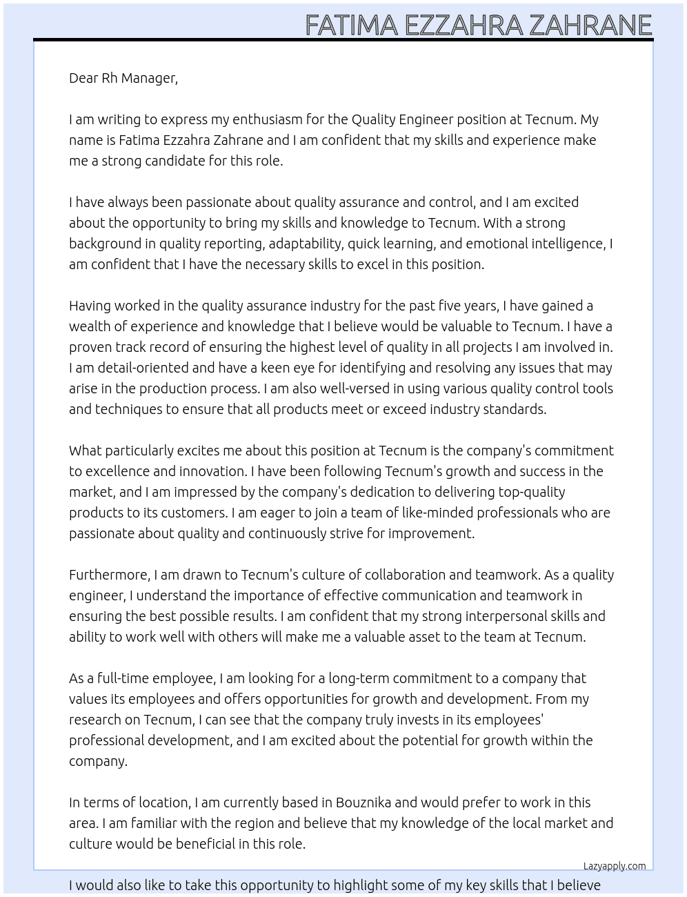 Quality engineer At Tecnum Cover Letter