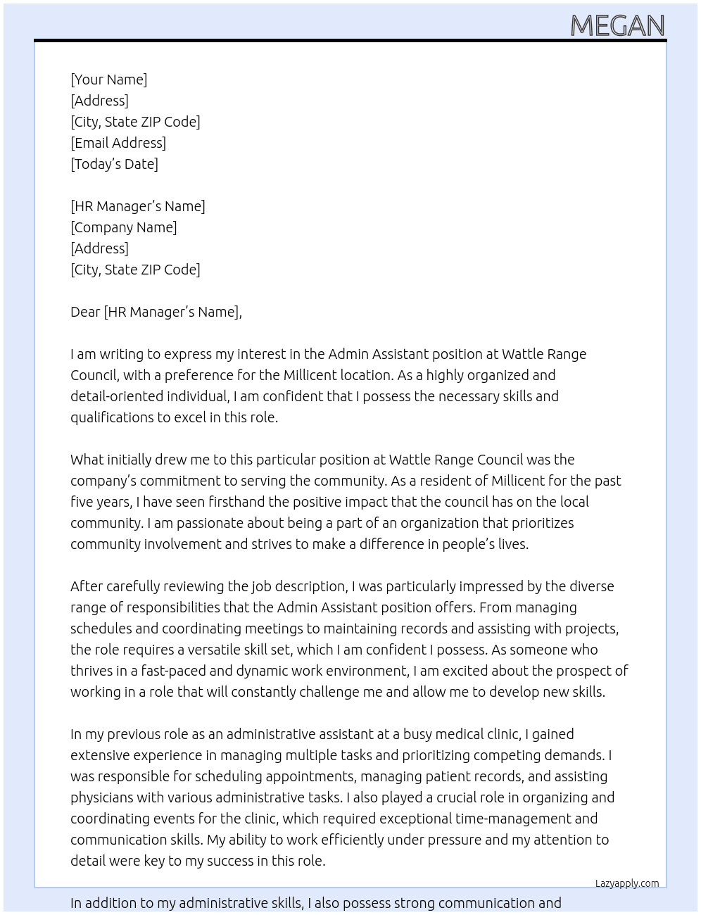 Admin Assistant At Wattle Range Council Cover Letter