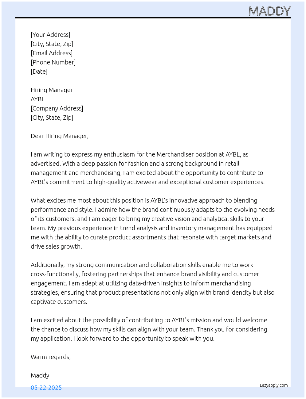 Merchandiser At AYBL Cover Letter