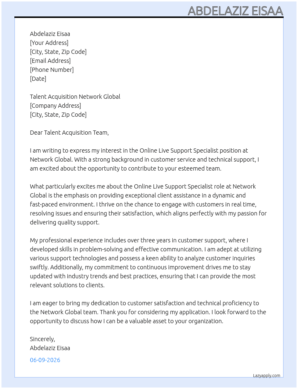 Online Live Support Specialist At Network Global  Cover Letter