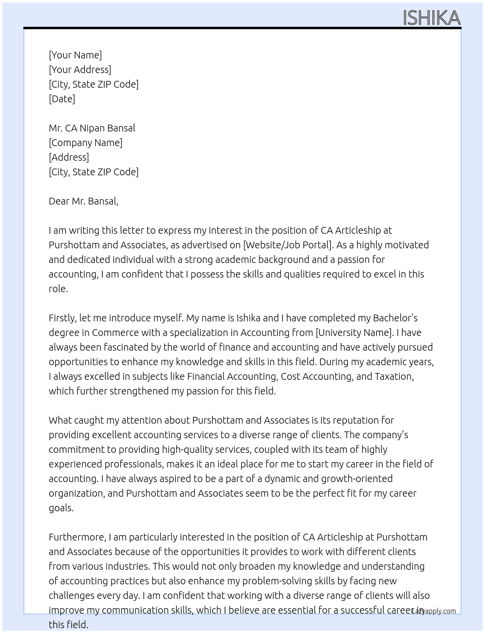 ca articleship At PURSHOTTAM AND ASSOCIATES Cover Letter