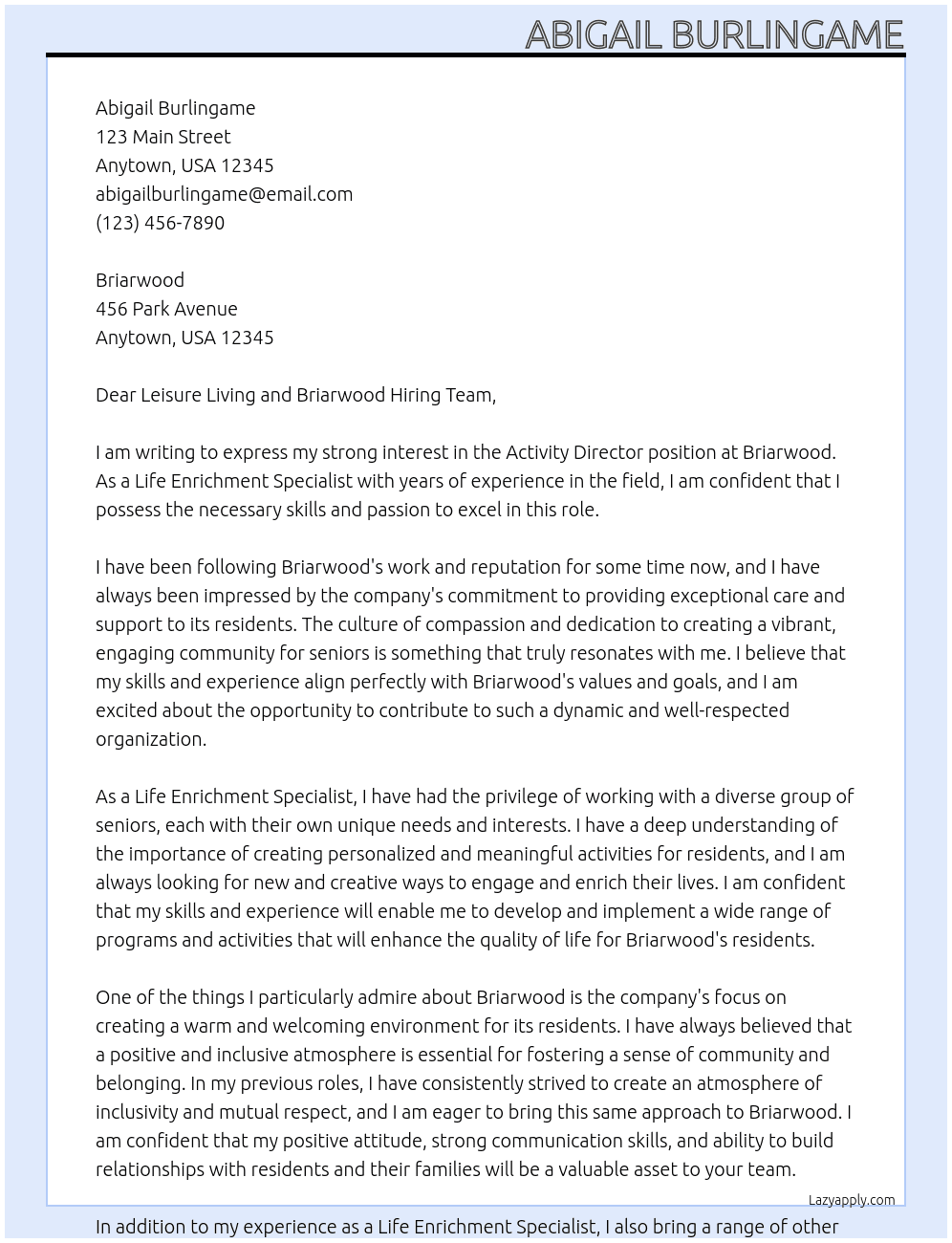 Activity Director At Briarwood Cover Letter