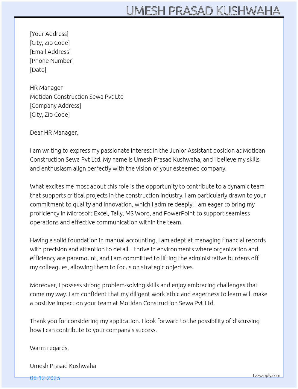 Cover letter for junior assistant - LazyApply