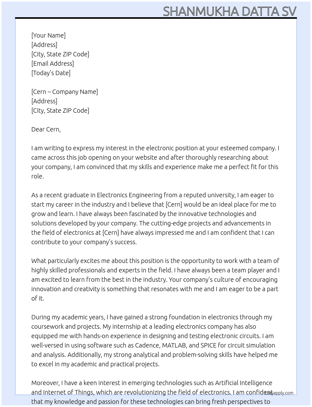 electronic  At fresher  Cover Letter
