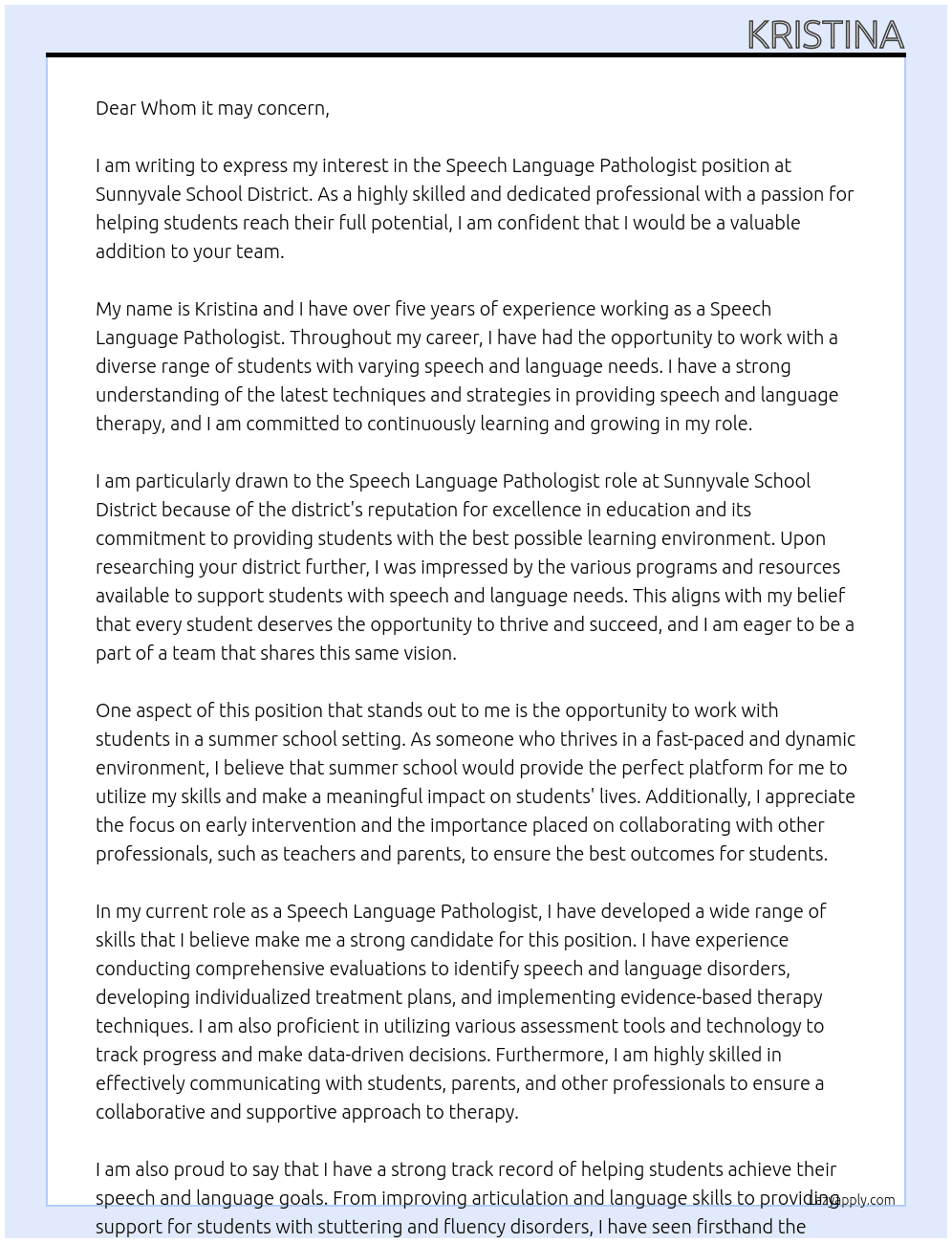 Speech Language Pathologist  At Sunnyvale School District Cover Letter