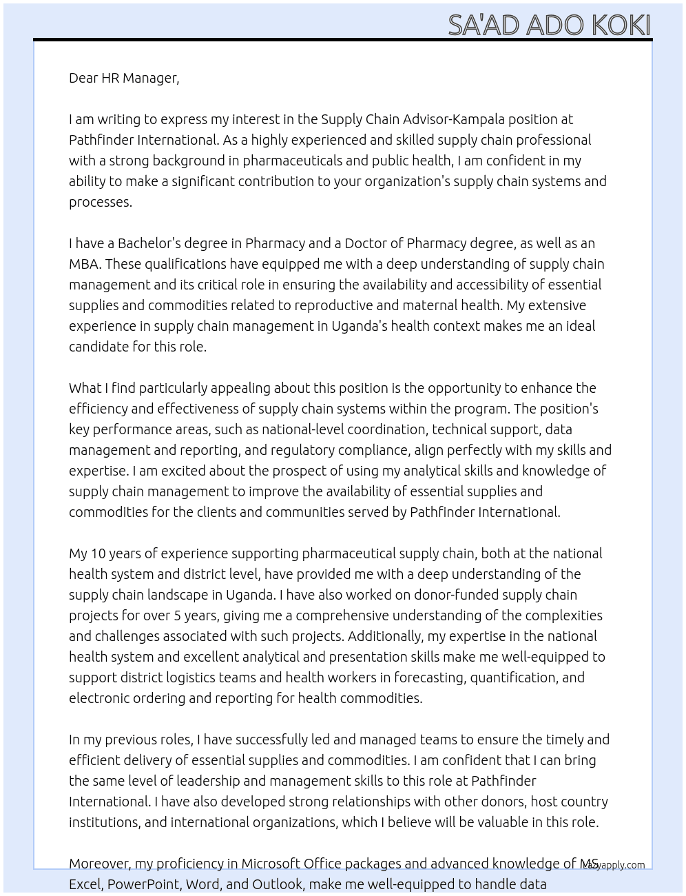 Supply Chain Advisor-Kampala At Pathfinder International  Cover Letter