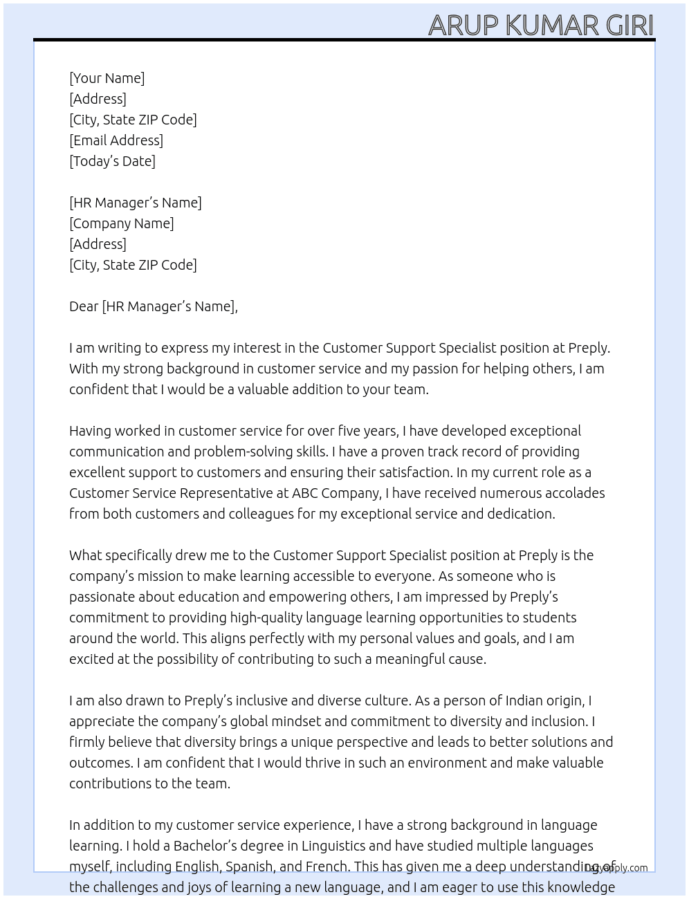 Customer Support Specialist At Preply Cover Letter