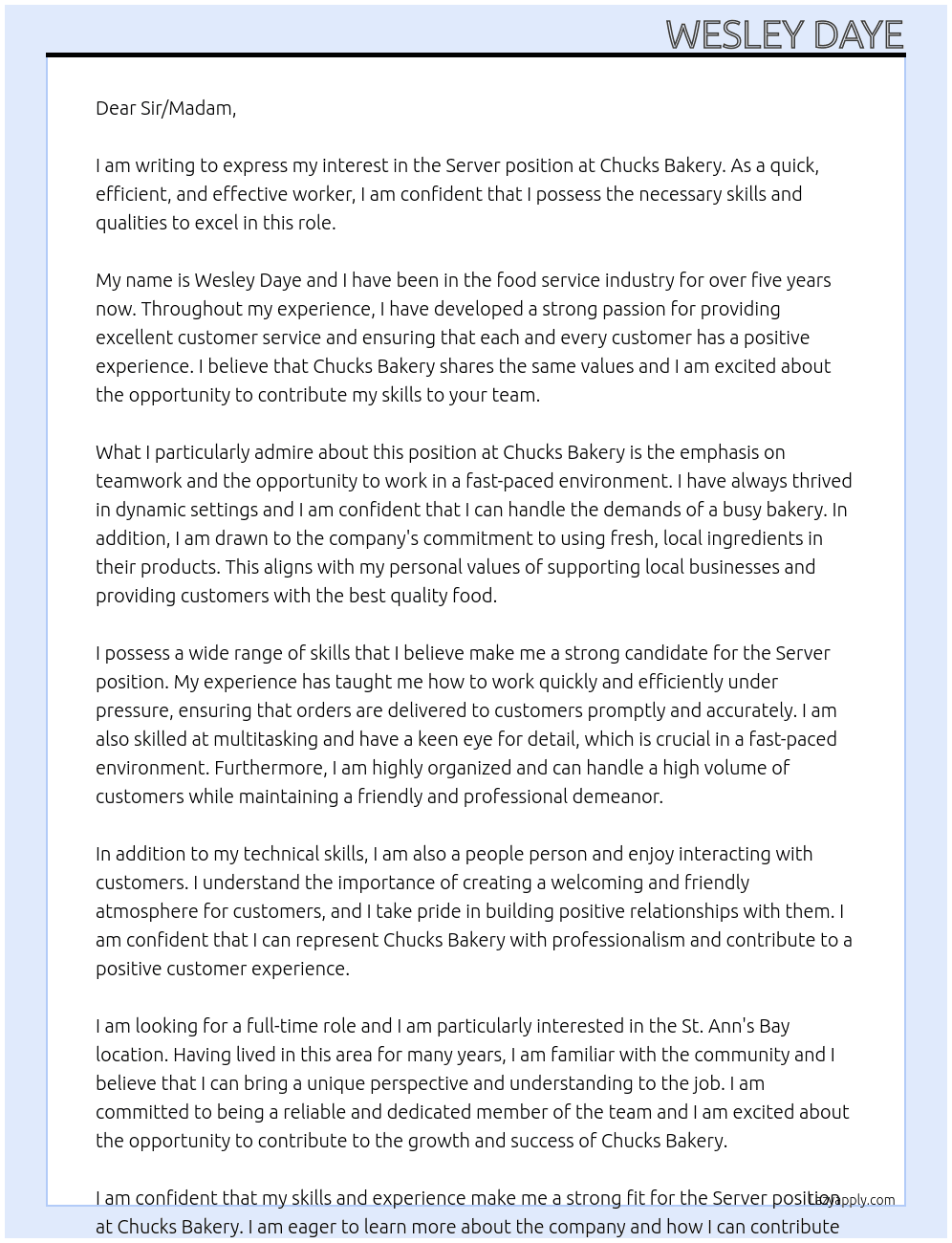 Server position  At Chucks bakery Cover Letter
