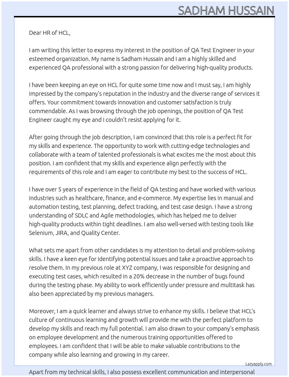 QA Test Engineer At HCL Cover Letter