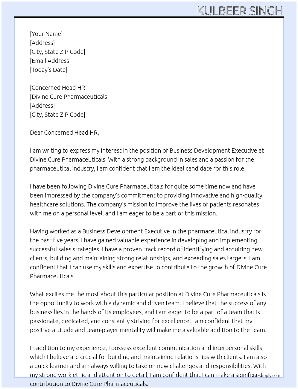 BUsiness Develpoment Executive At Divine Cure Pharmaceuticals Cover Letter