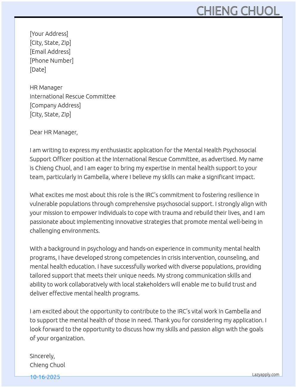 Mental Health Psychosocial Support Officer  At International Rescue Committee  Cover Letter
