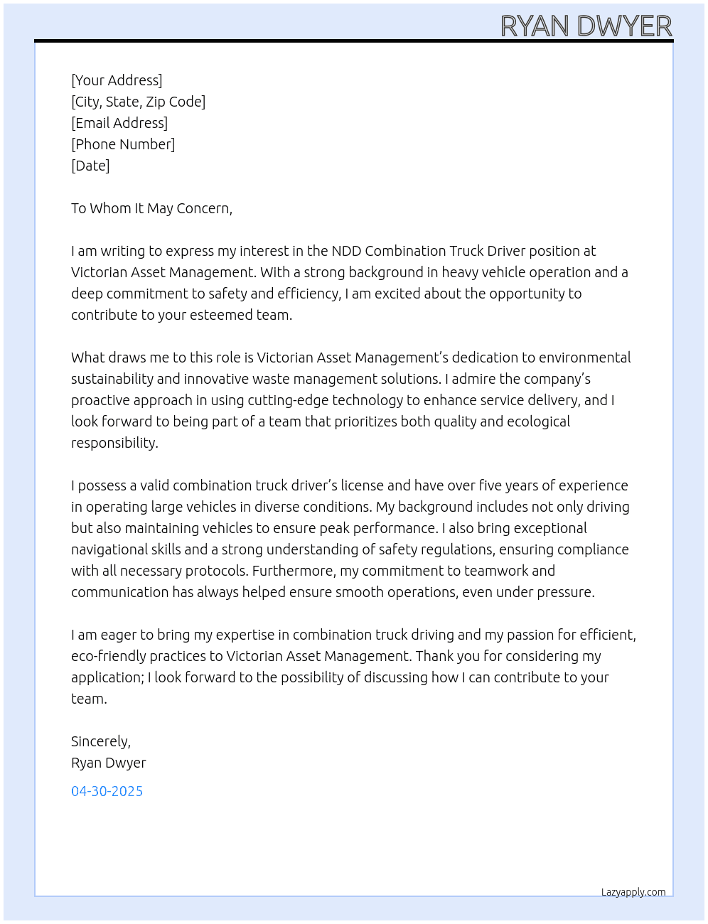 Cover letter for ndd combination truck driver - LazyApply