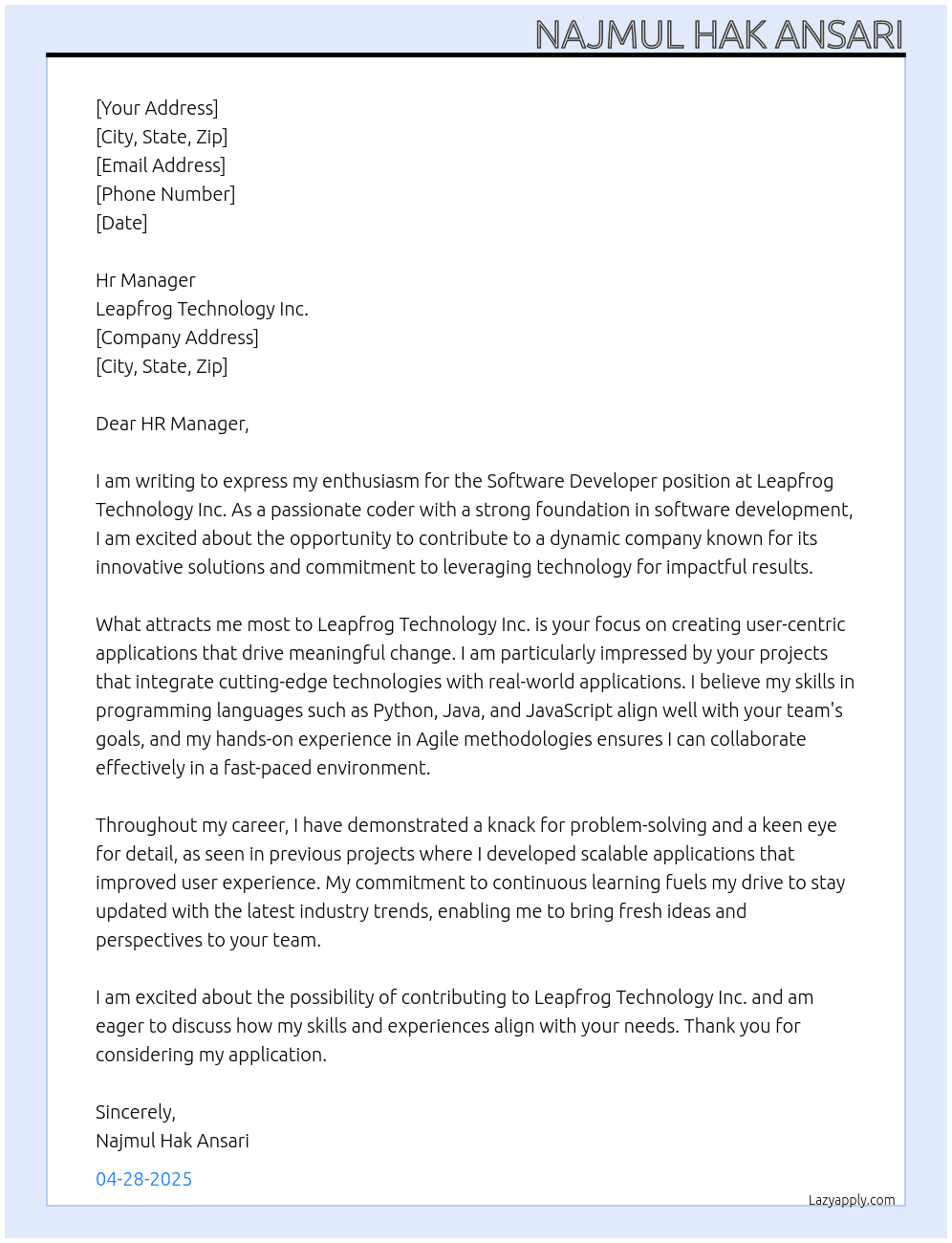 Software Developer At Leapfrog Technology Inc. Cover Letter
