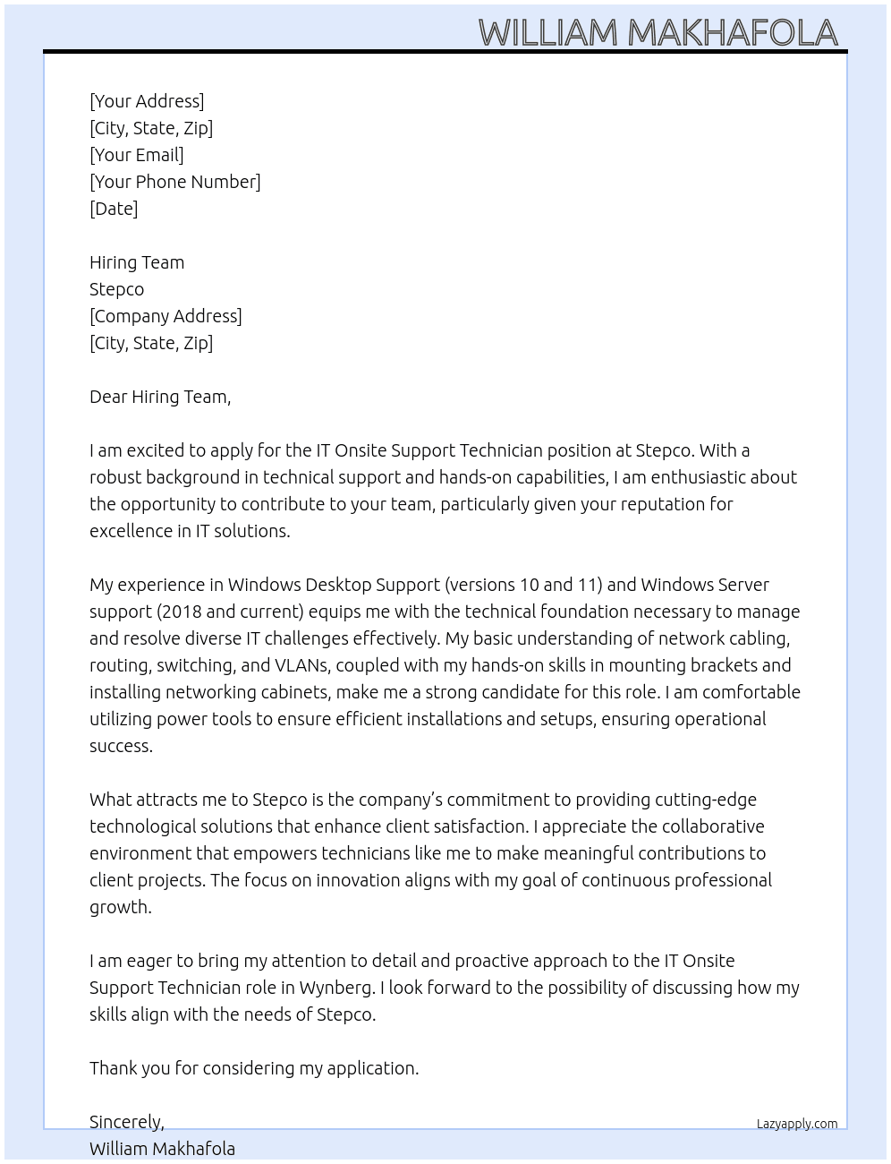 Cover letter for it onsite support technician - LazyApply