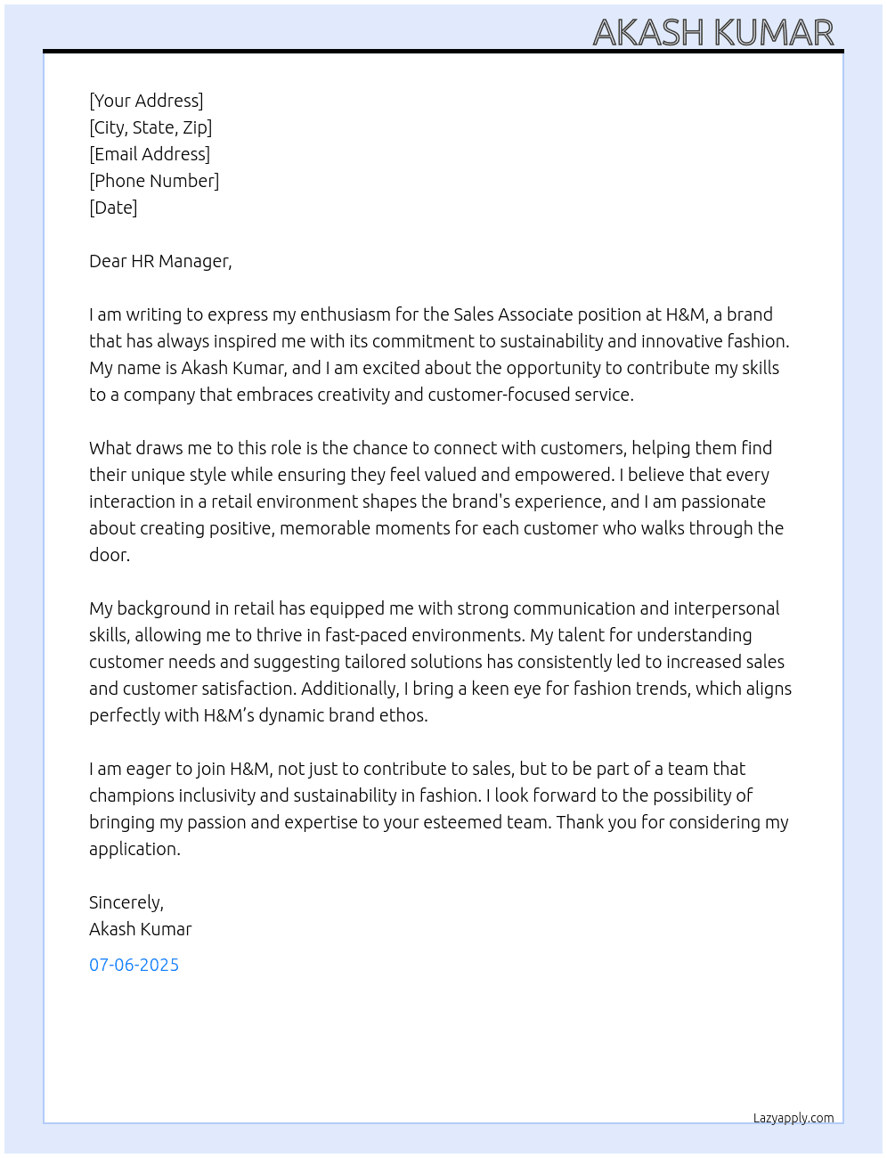 Sales associate  At H&M Cover Letter