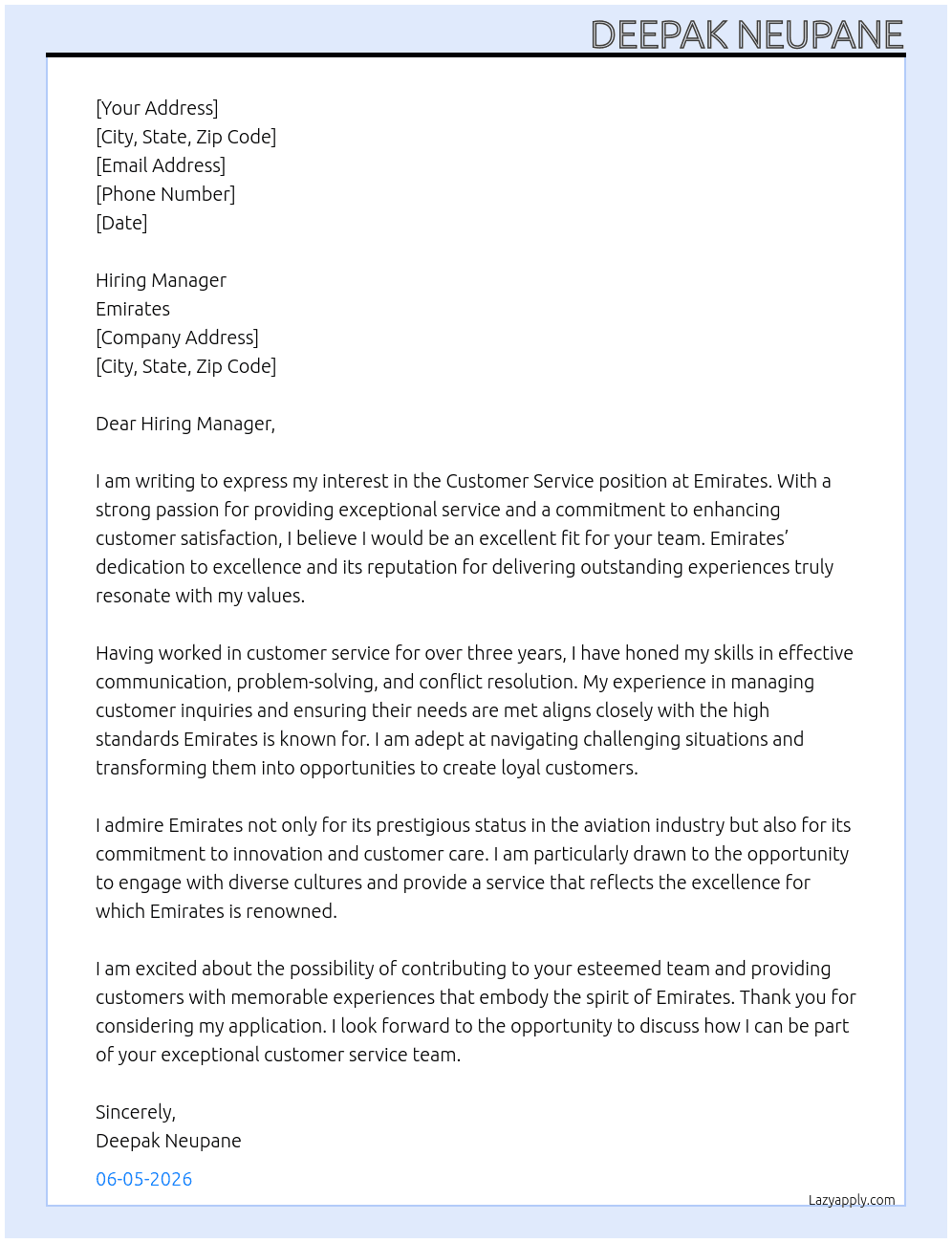 Customer service  At Emirates  Cover Letter