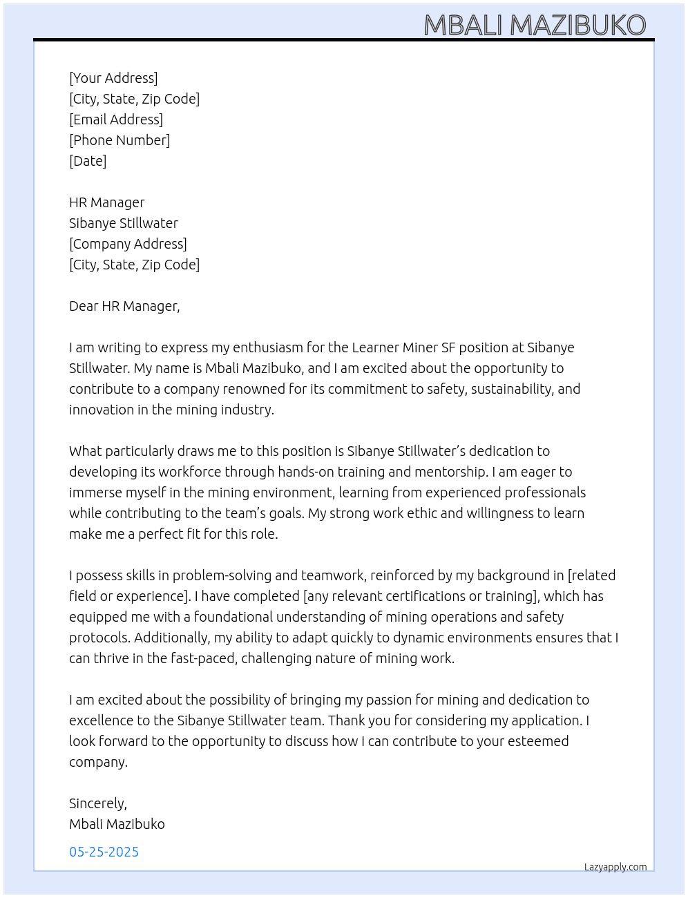 Cover letter for leaner miner sf - LazyApply
