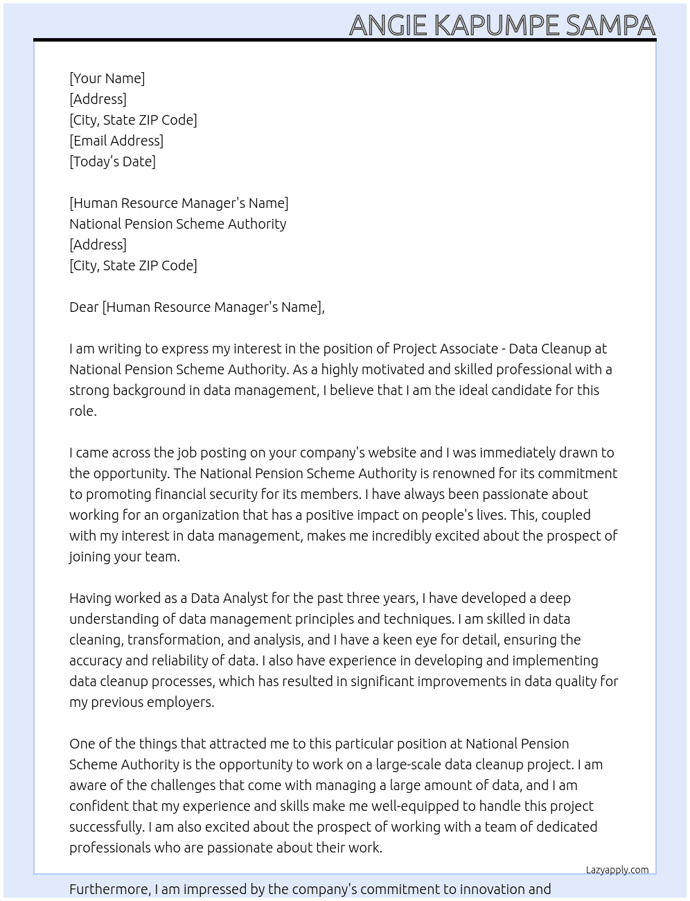 Project Associate - Data Cleanup At National Pension Scheme Authority Cover Letter
