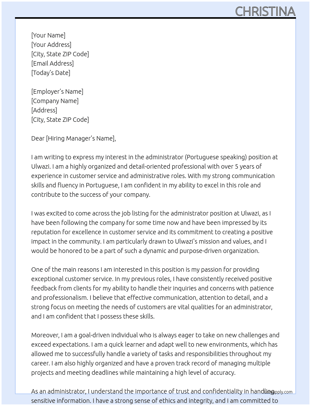administrator (Portuguese speaking) At Ulwazi Cover Letter