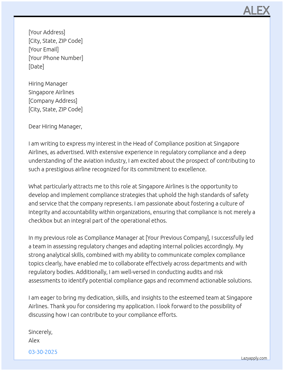 Cover letter for head of compliance - LazyApply