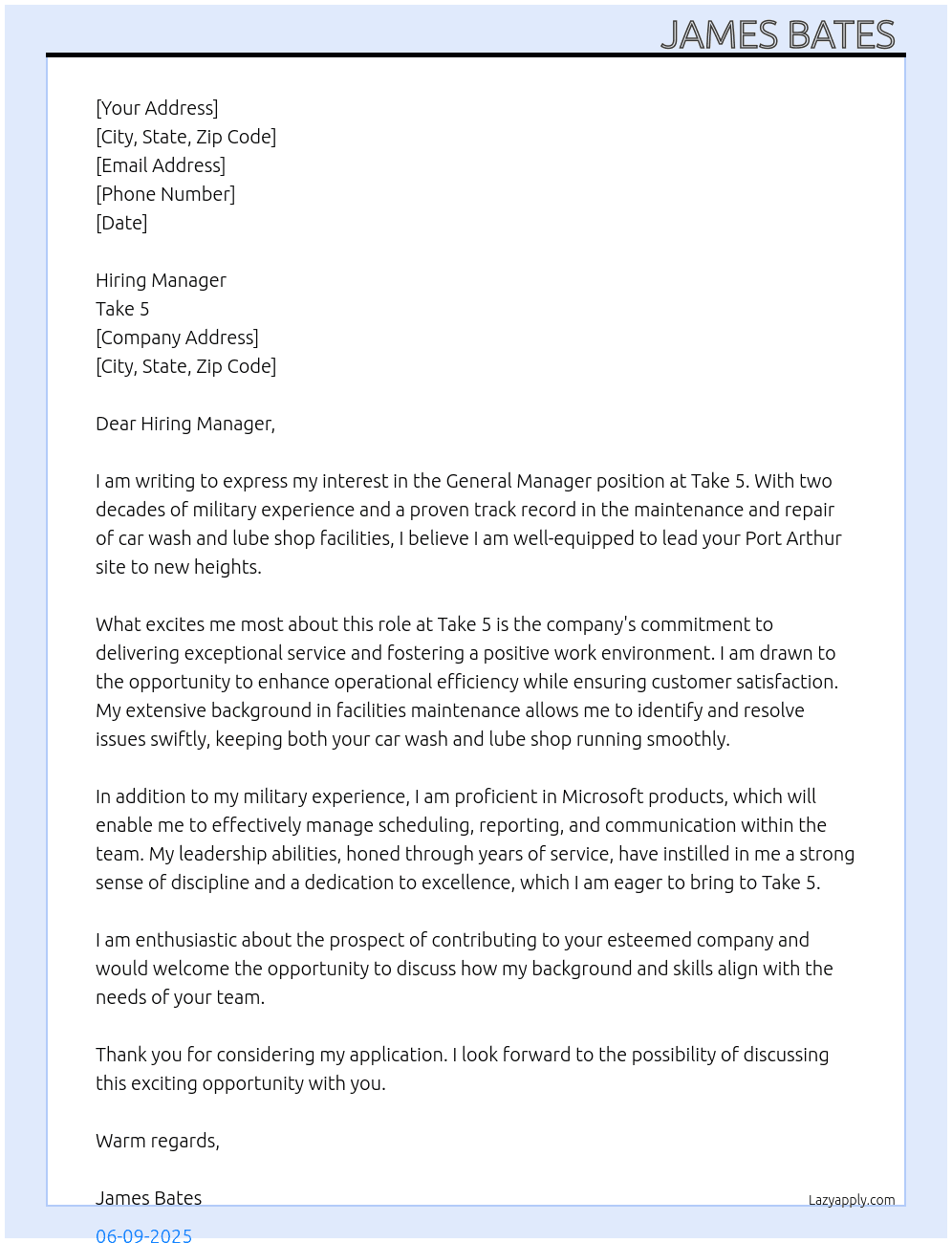 General manager At Take 5 Cover Letter