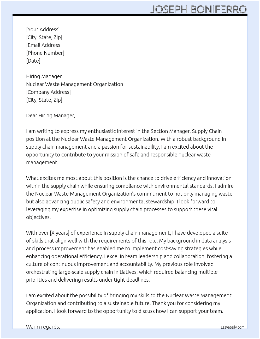 Section Manager, Supply Chain At Nuclear Waste Management Organization Cover Letter