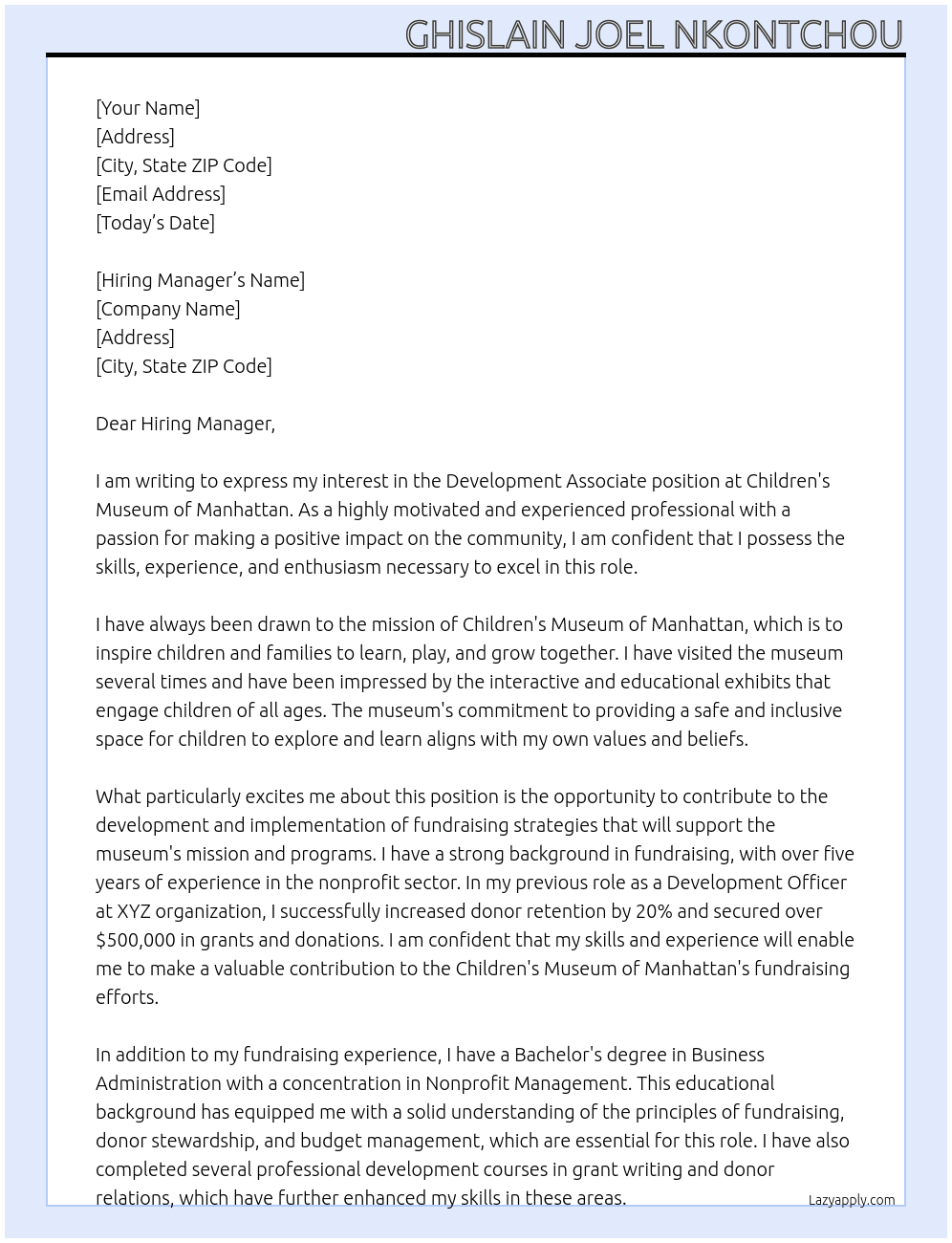 Development Associate At Children's Museum Children's Museum of Manhattan f Manhattan Cover Letter