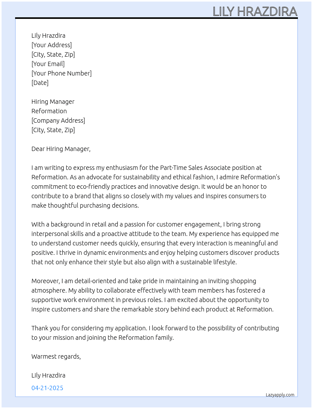 part time sales associate At Reformation Cover Letter