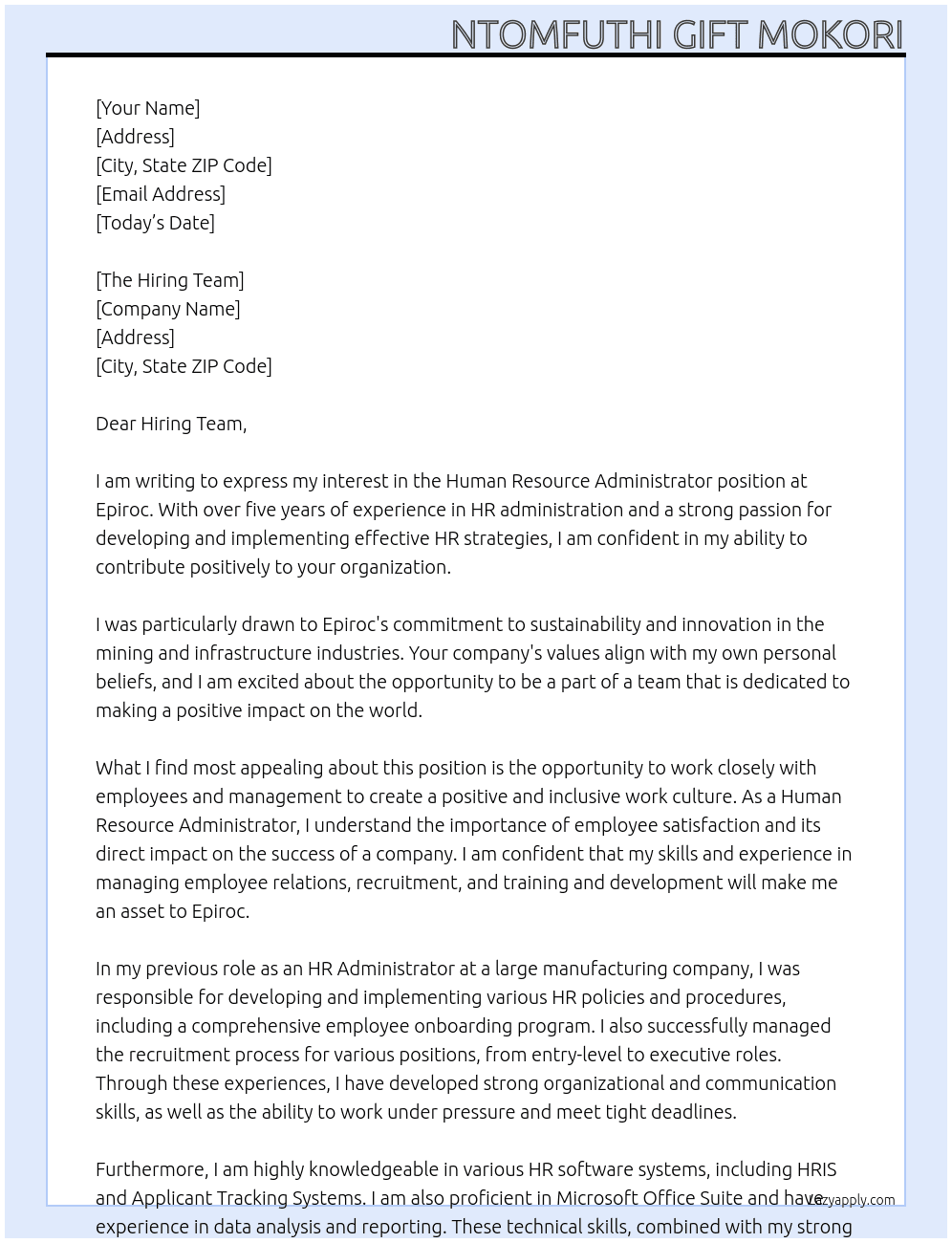 Human Resource Administrator At Epiroc Cover Letter