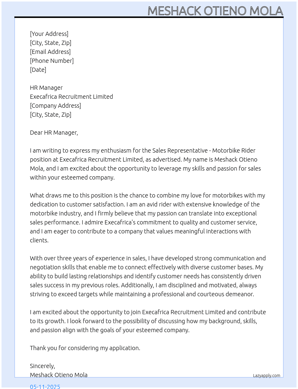 Cover letter for sales representatives - motorbike riders at execafrica recruitment limited - LazyApply