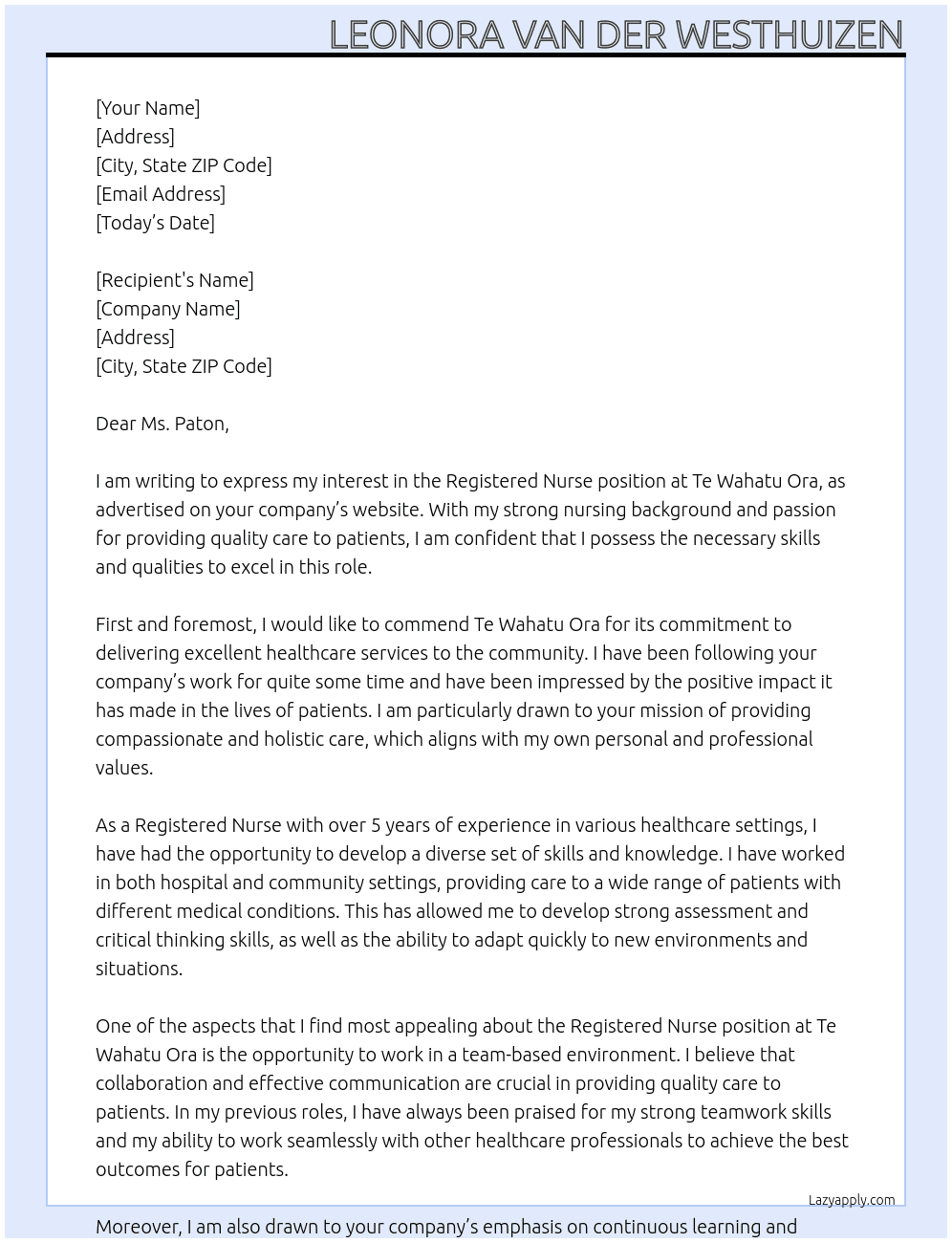 Registered Nurse At Te Wahatu Ora Cover Letter