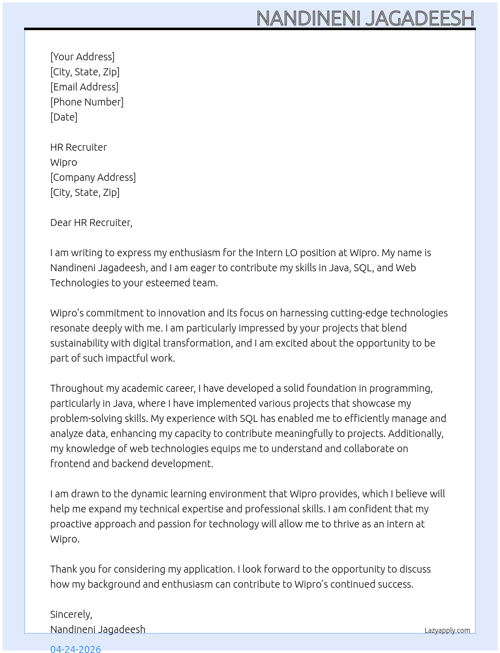 Cover letter for intern lo - LazyApply