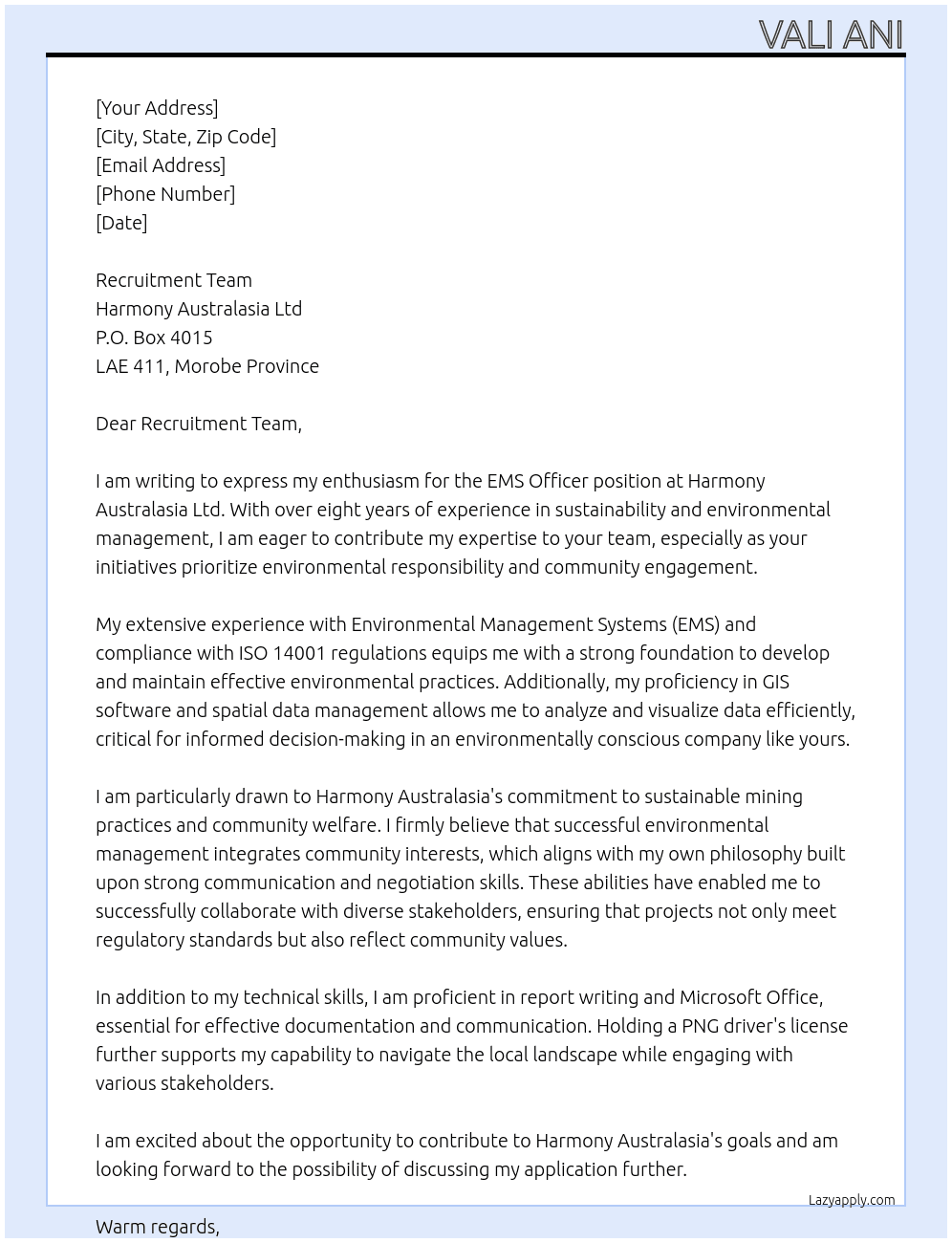 EMS Officer At Harmony Australasia Ltd P.O. Box 4015, LAE 411, Morobe Province Cover Letter