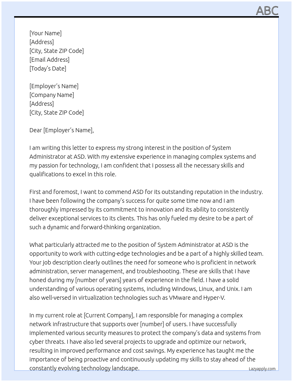 Sysetm Administrator At ASD Cover Letter